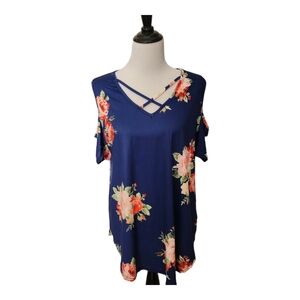 Boutique XXL Blue Red Floral Lattice Cold Shoulder Top